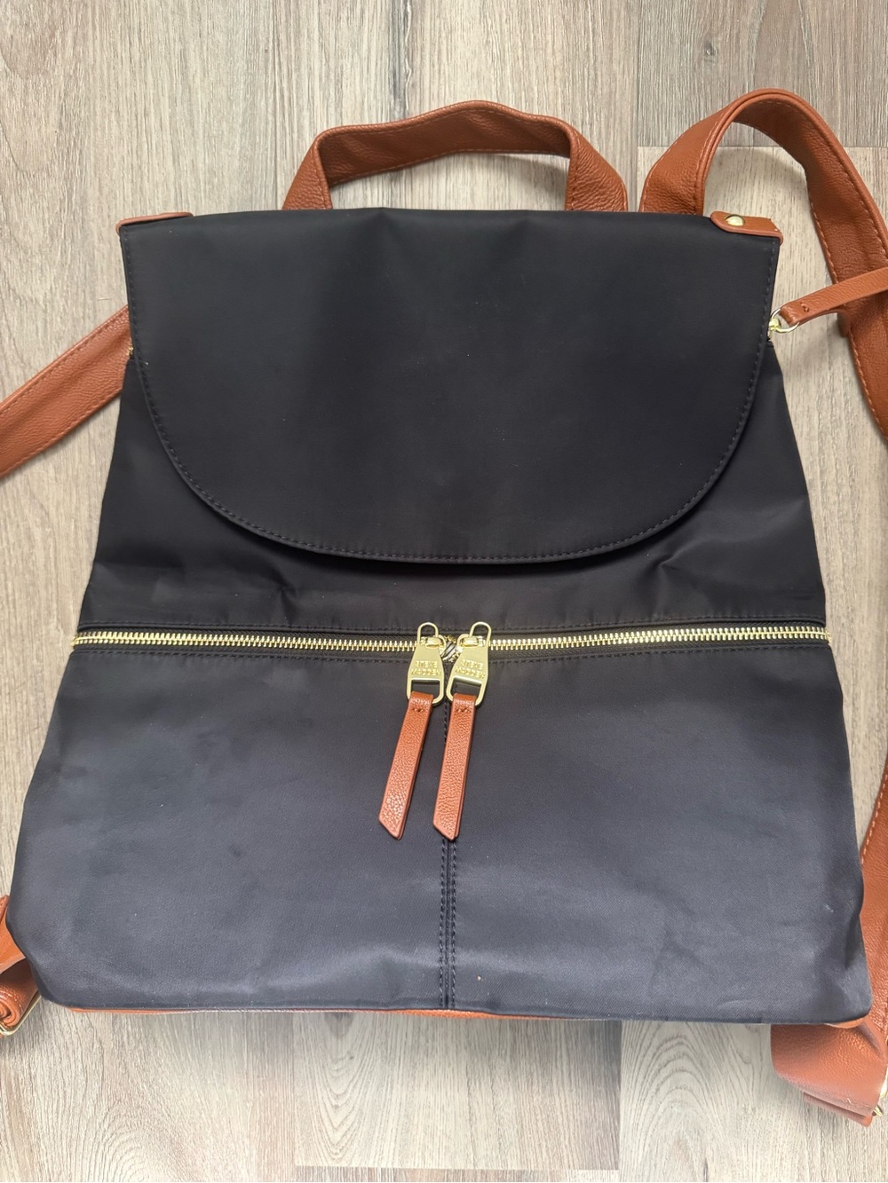 Steve Madden Black Nylon Backpack Purse Black Faux Leather Trim Gold Hardware